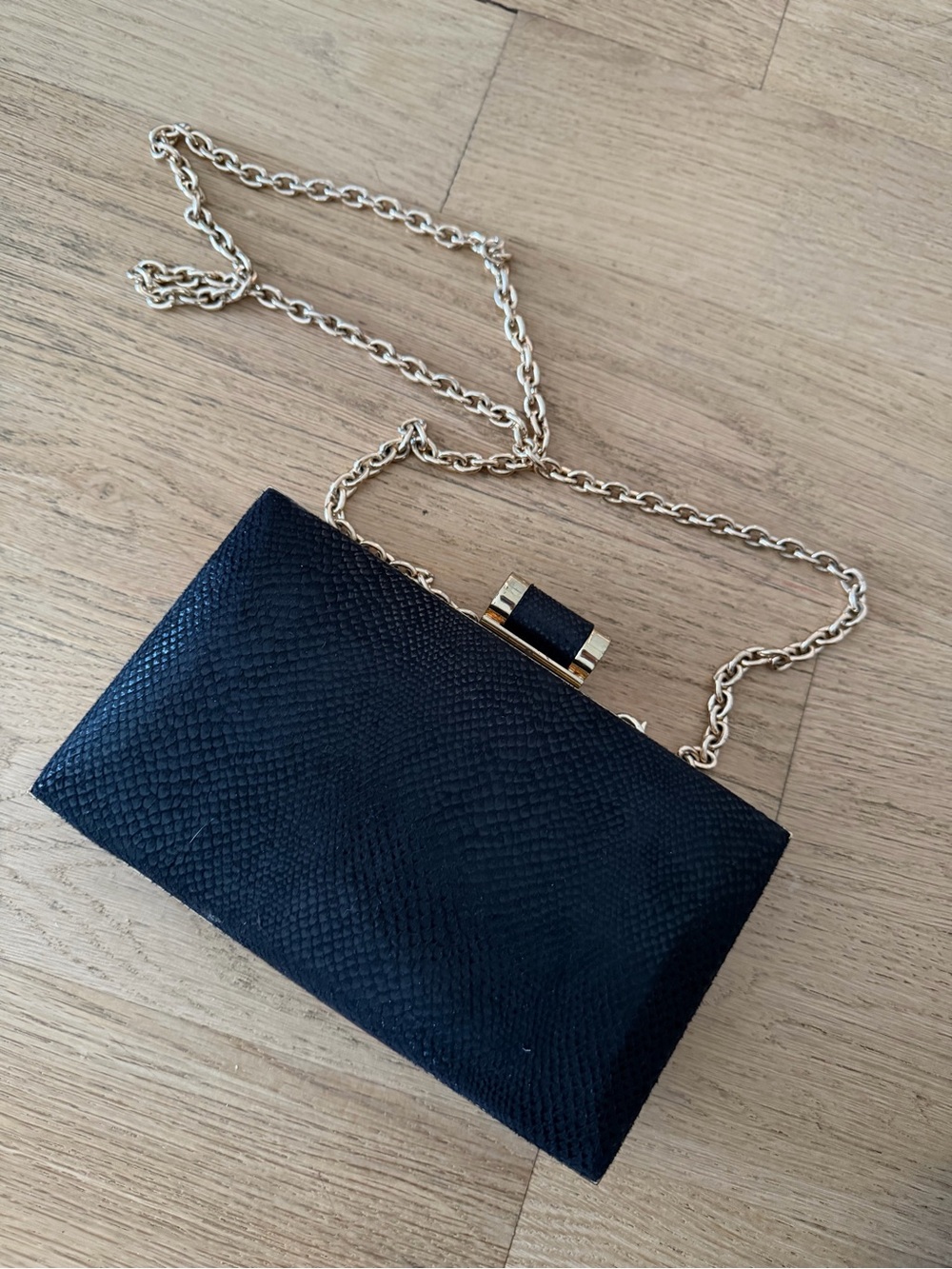 Black Textured Leather Chain-Handle Evening Clutch